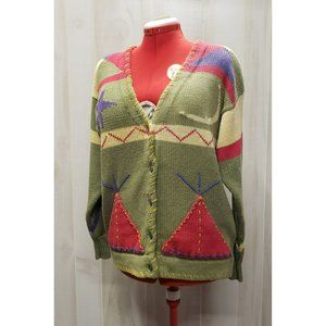 Vtg Cutter Ltd Cardigan Sweater, Tipi Pockets, Medium, Green, whip stitch detail
